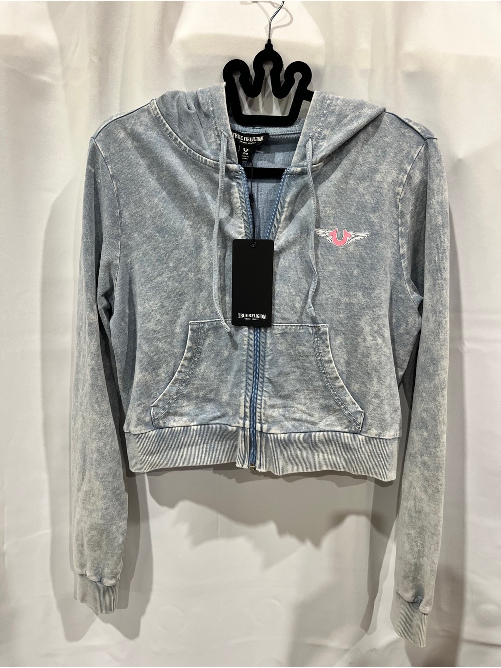 True Religion Hoodie Women's M Horseshoe Wing Faux Full Zip Denim-Look Fabric - Picture 5 of 10